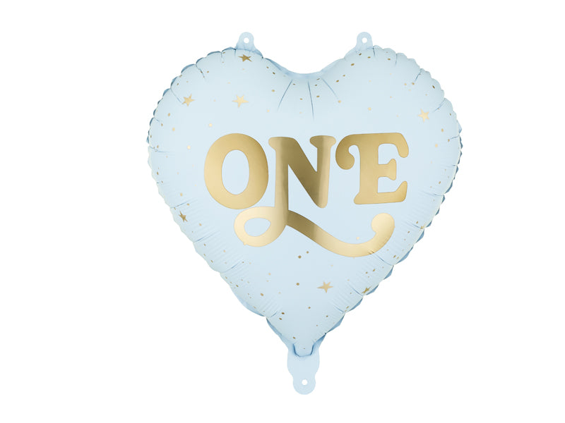 Blue heart-shaped foil balloon with gold "ONE" for first birthday celebrations.