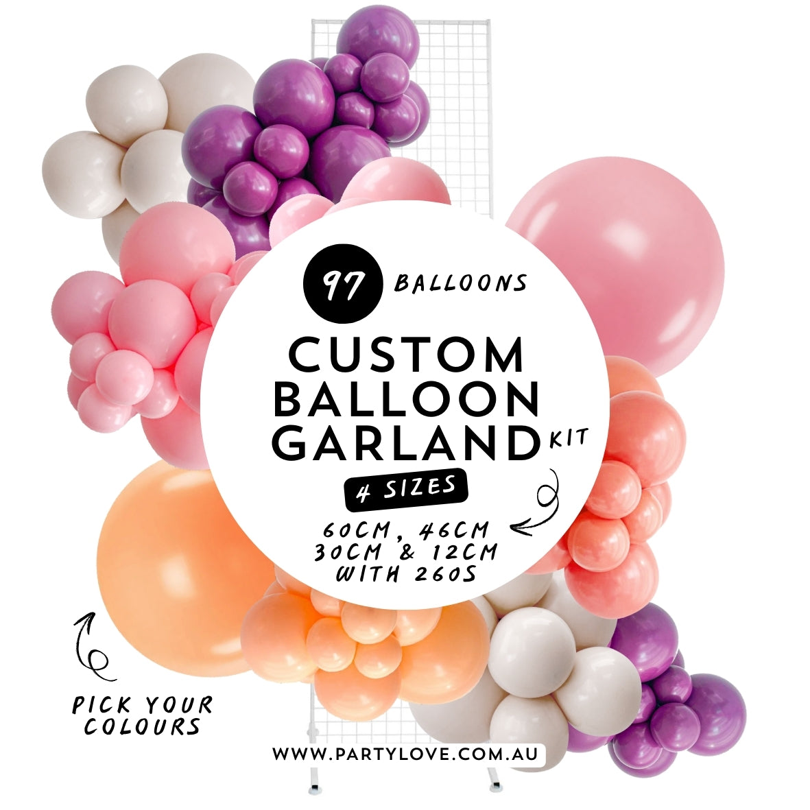 Custom balloon garland kit with colorful balloons and branding on a white background