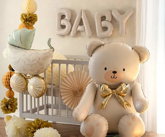 Cream Gold Sitting Bear Foil Balloon 84cm Party Deco