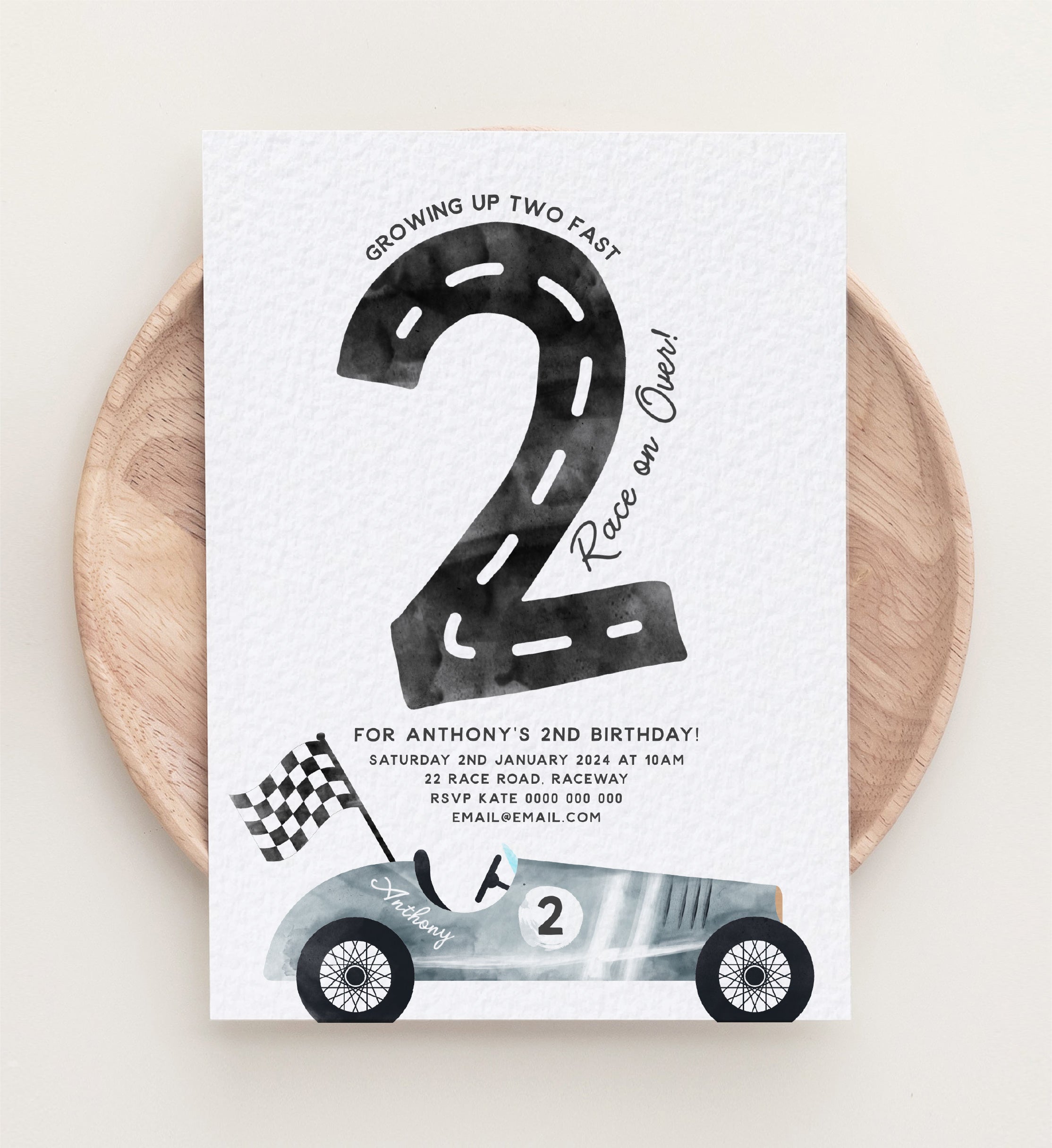 Vintage Race Car TWO Fast Birthday Invitation and matching  Printable Instant Downloads