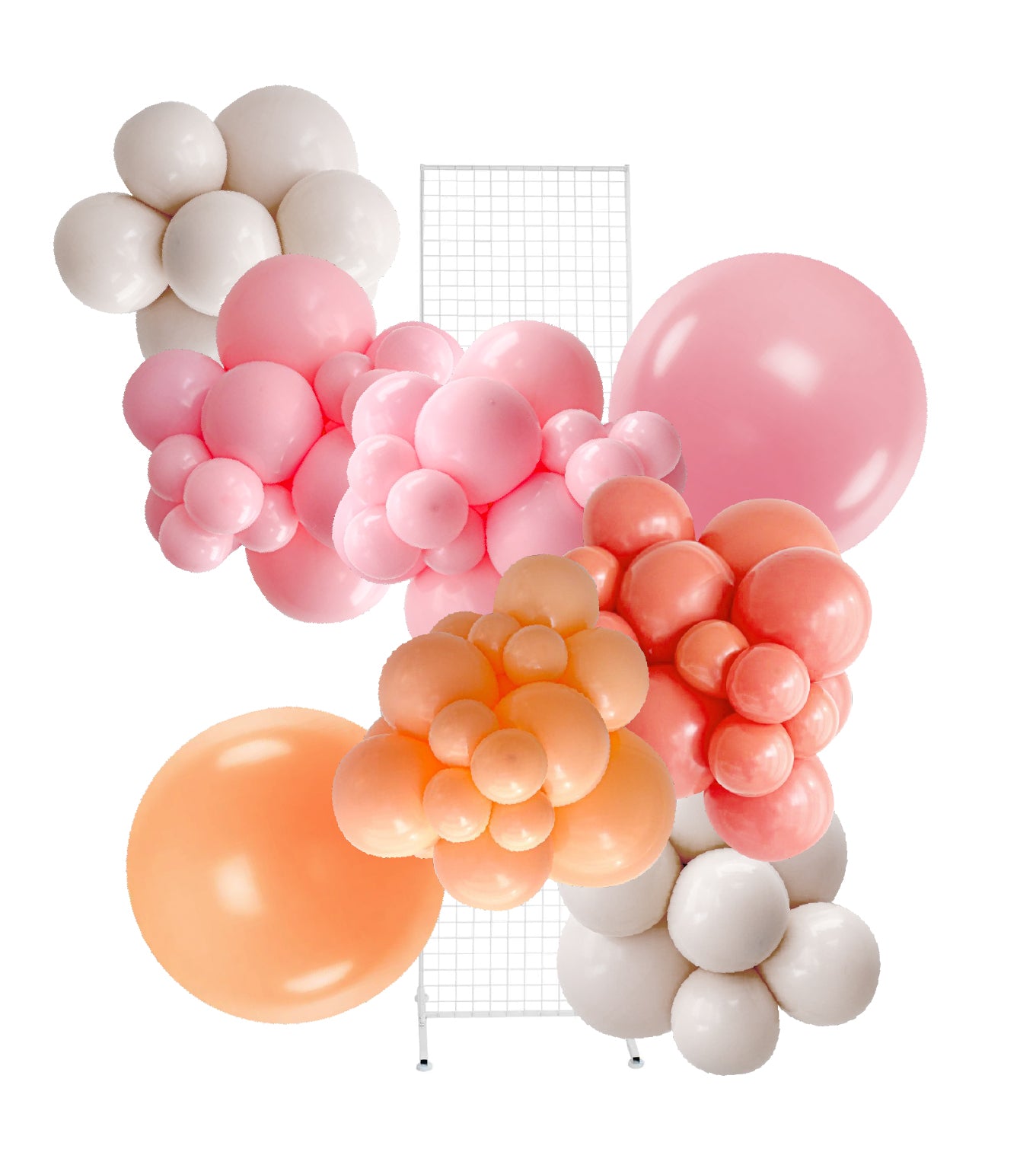Balloon arch with pink, orange, and white balloons on a white background