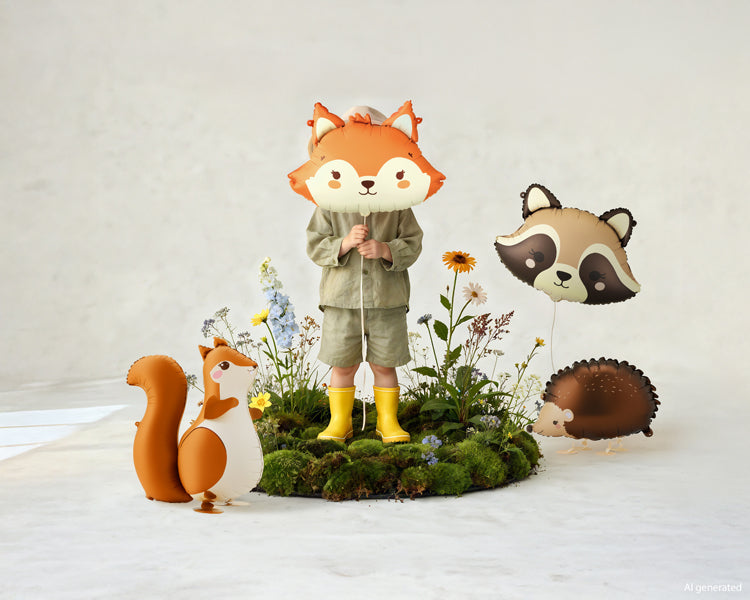 Fox foil balloon 57cm with cute animal decorations and child model.