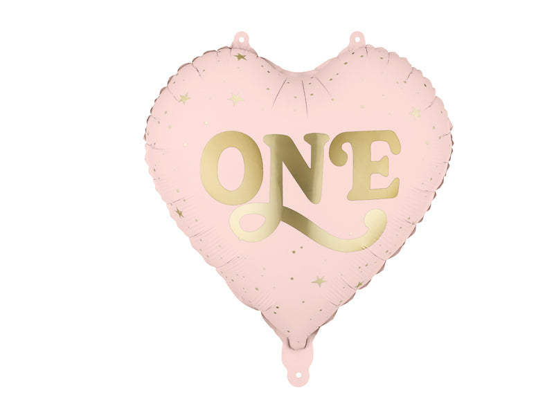 Pink heart foil balloon with "One" in gold letters, 45cm.