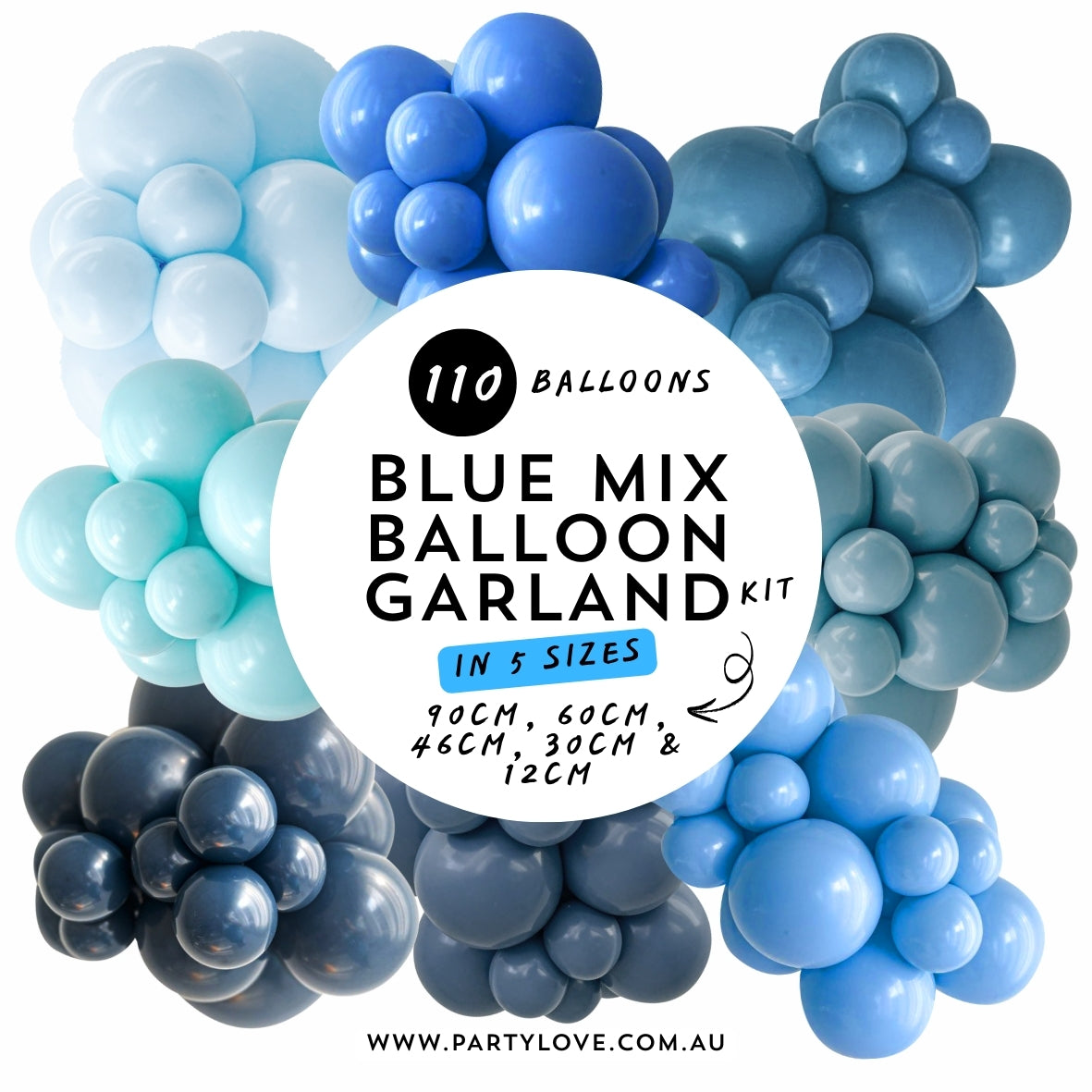 Blue balloon garland kit with a white label indicating balloon count and sizes, on a white background.