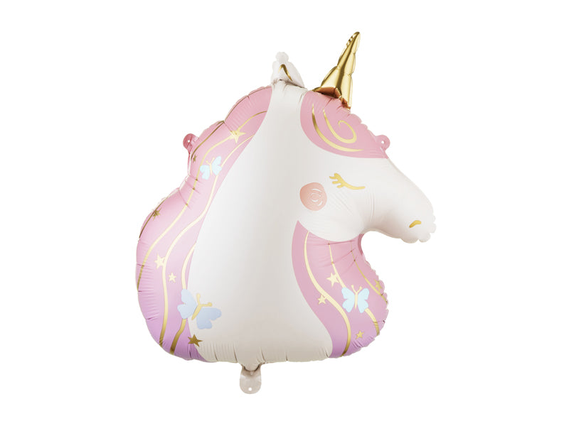 Unicorn foil balloon design in pink and gold, 61cm size.