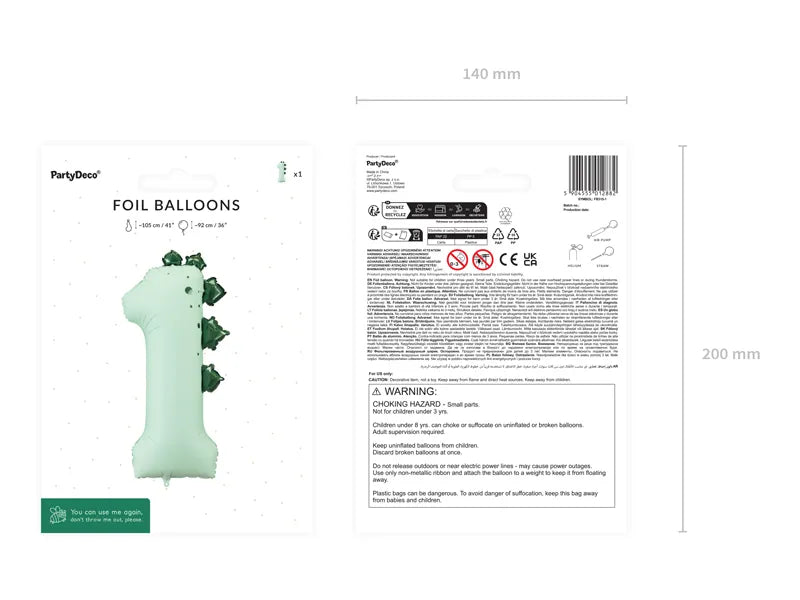 Number 1 Dinosaur Foil Balloon 92cm