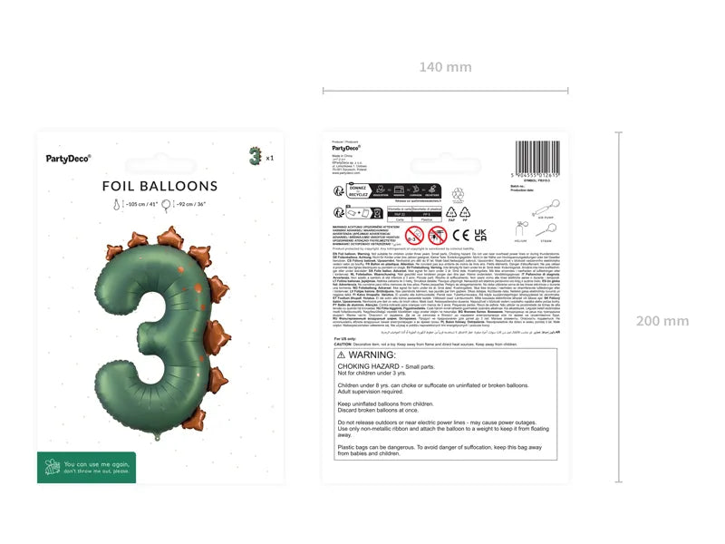 Number 3 Dinosaur Foil Balloon 92cm