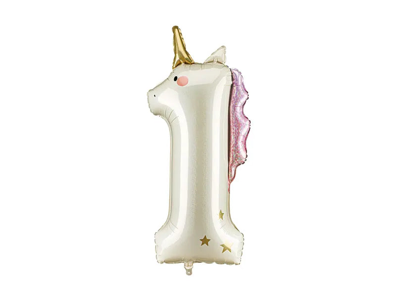 Number 1 unicorn foil balloon, 93cm, perfect for birthday parties.