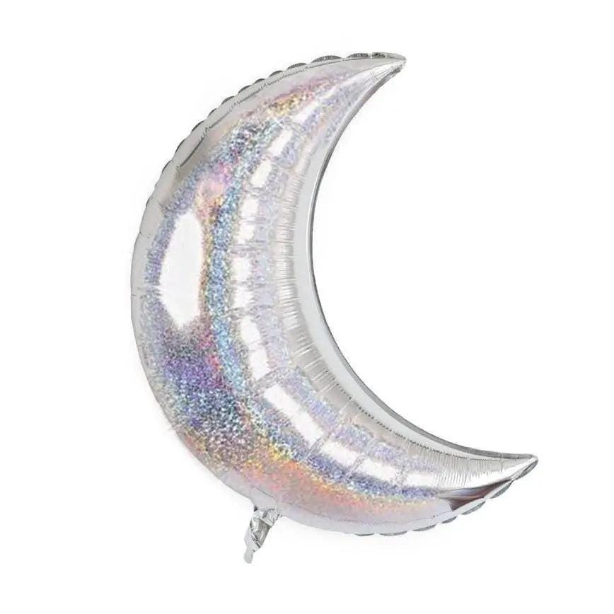 Silver Holographic Foil Moon Shaped Balloon 107cm (Unpackaged)