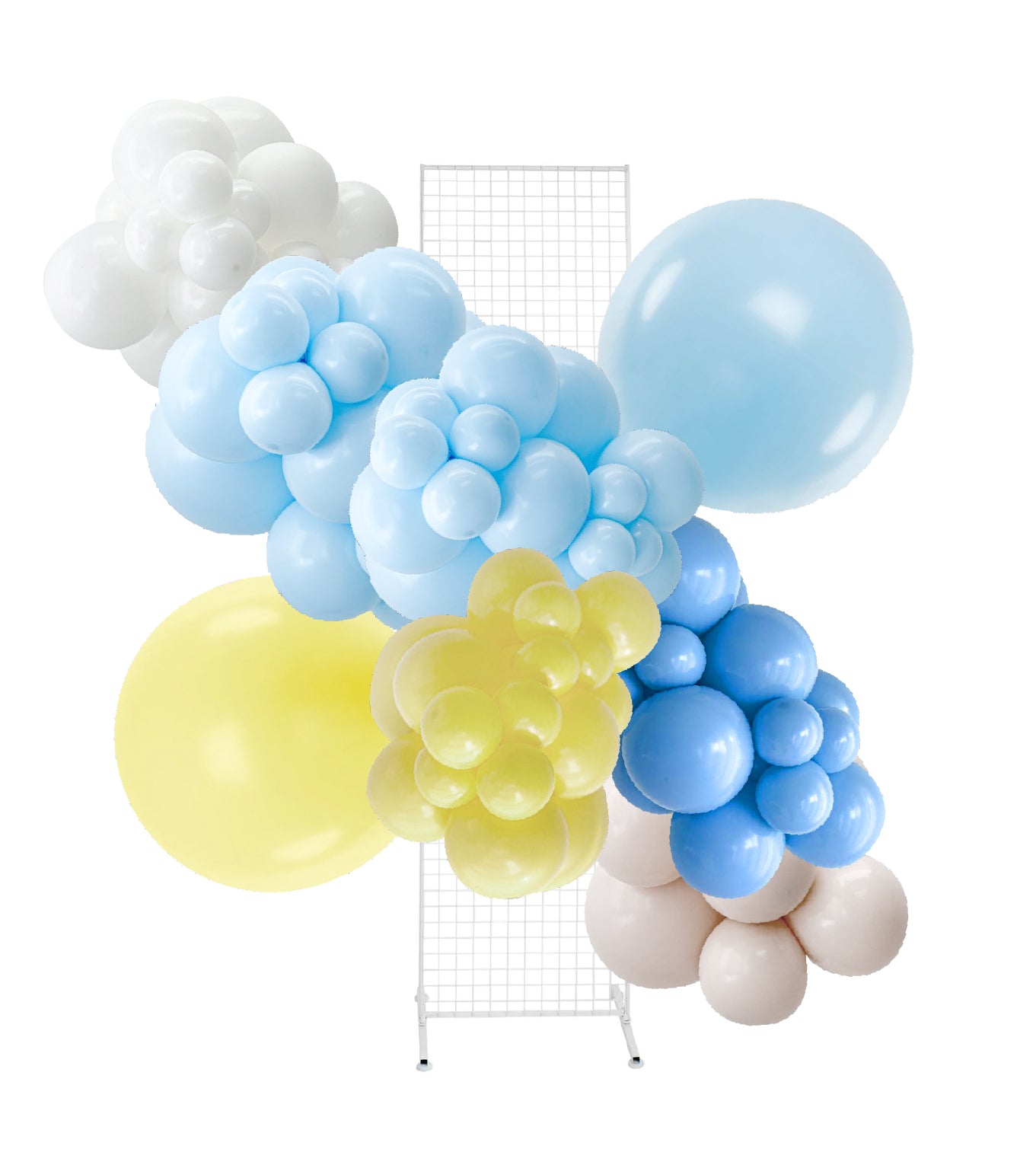 Balloon arch with blue, yellow, and white balloons against a white background