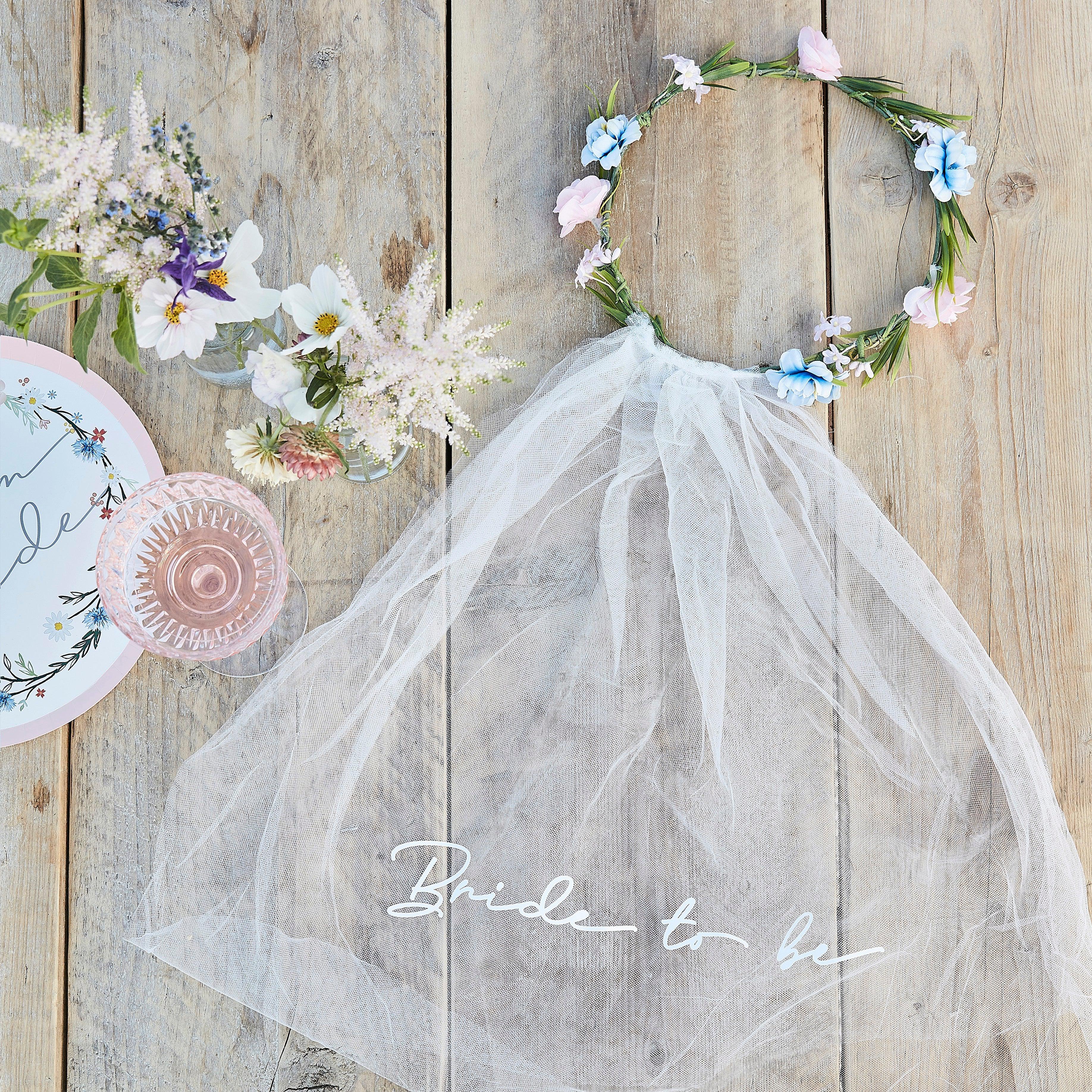 Boho Bride To Be Hen Party Veil with Floral Crown Ginger Ray