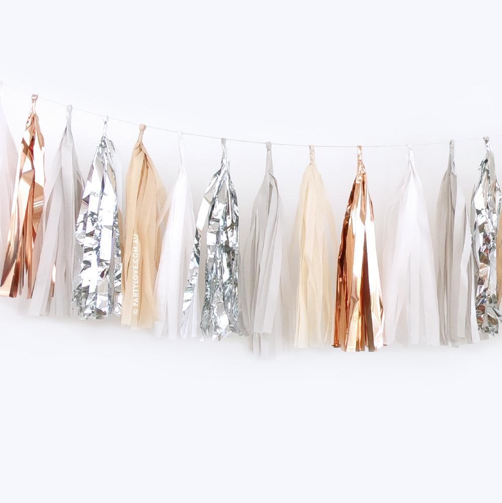 Champagne – Ivory Rose Gold Copper, Silver Tassel Garland inc Twist Ties Party Love