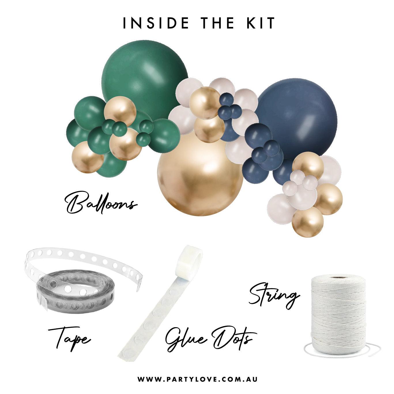 Evergreen, Navy, Gold & White Sand Balloon Garland Kit Design Ideas