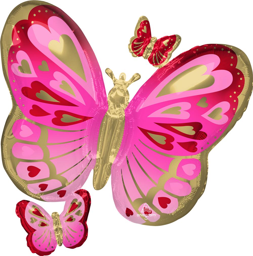 Pink Red and Gold Butterfly Heart Foil Balloon 73cm Anagram